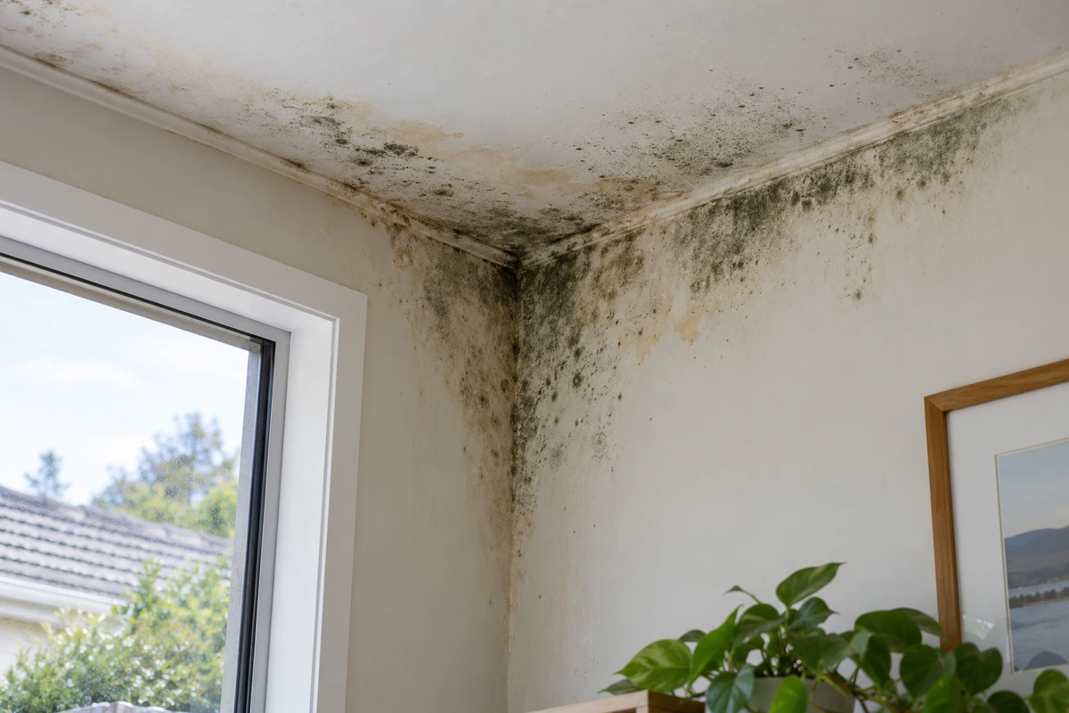 Mould growth and damp staining on an interior ceiling and upper walls of a New Zealand home, showing signs of persistent moisture ingress.