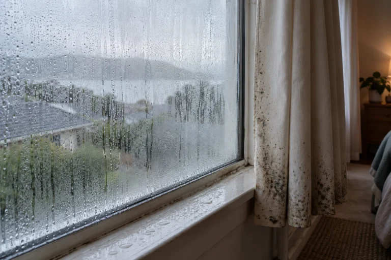 Heavy condensation and water droplets on a bedroom window in a New Zealand home, with visible mould staining along the curtains.