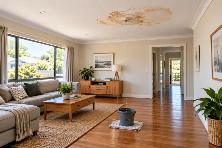 Water leaking through a stained living room ceiling into a bucket on the floor
