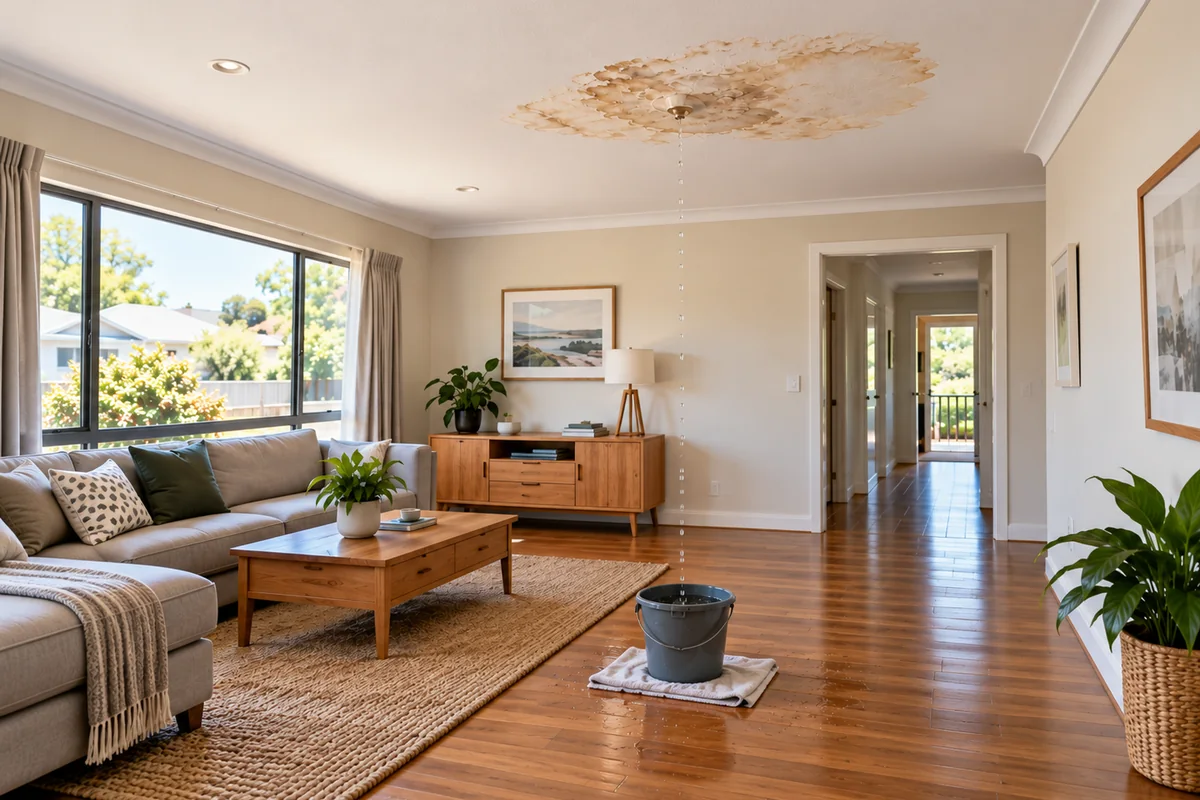 Water leaking through a stained living room ceiling into a bucket on the floor