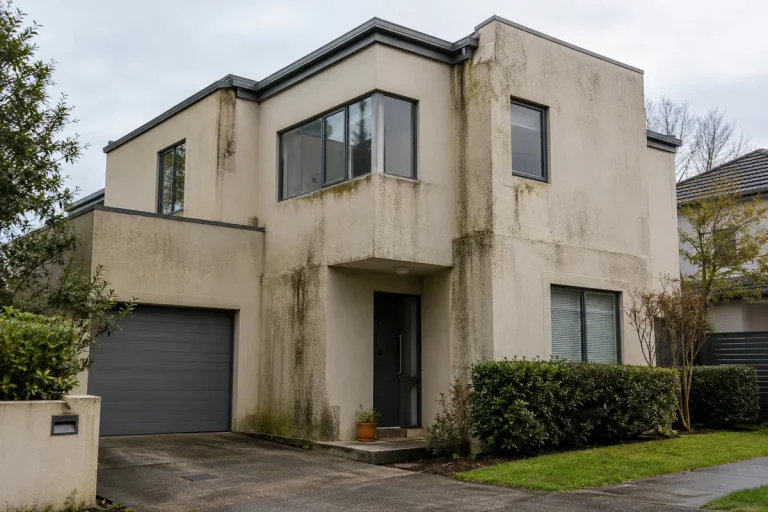 Monolithic clad home with mould staining and dampness visible on exterior walls