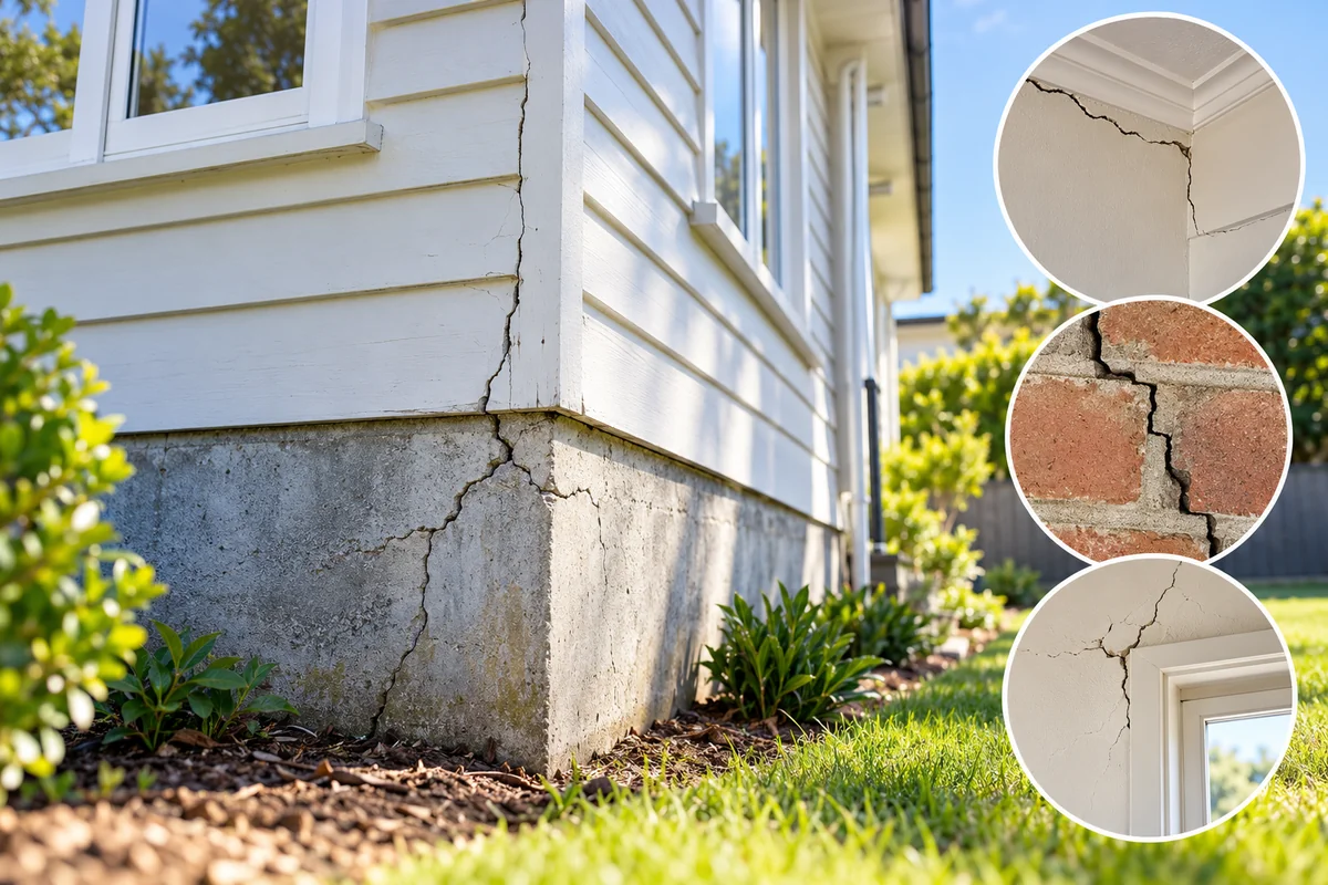 Cracks in a New Zealand home's concrete foundation, with examples of cracking in interior plaster walls and brickwork.