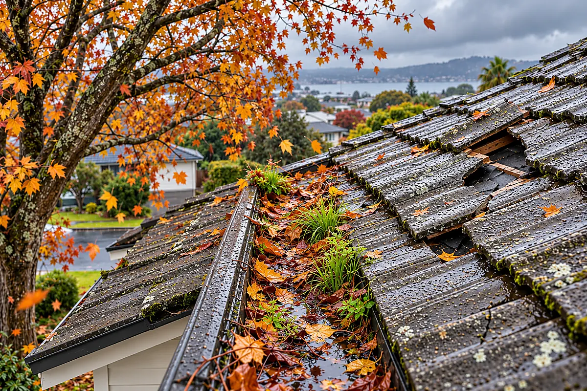 Damaged concrete roof tiles beside a blocked internal gutter filled with autumn leaves and growing grass