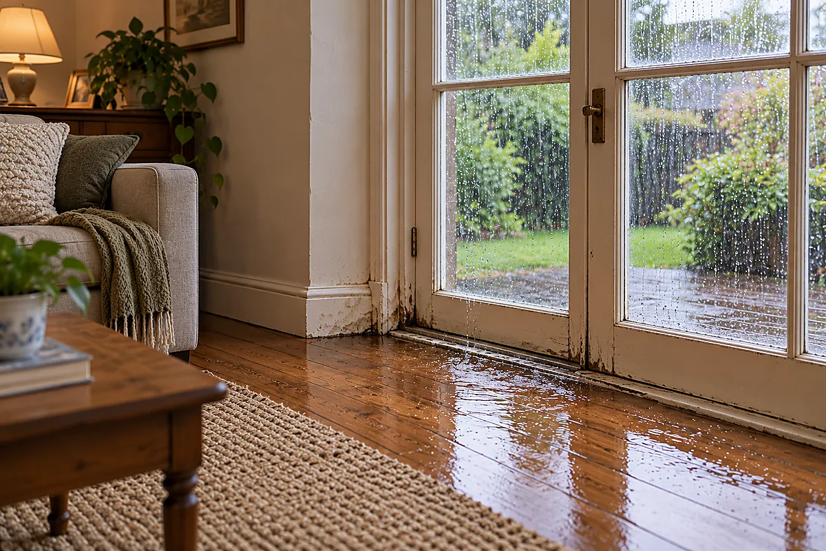 Rainwater leaking beneath old timber-framed French doors, causing water to pool on the wooden floor