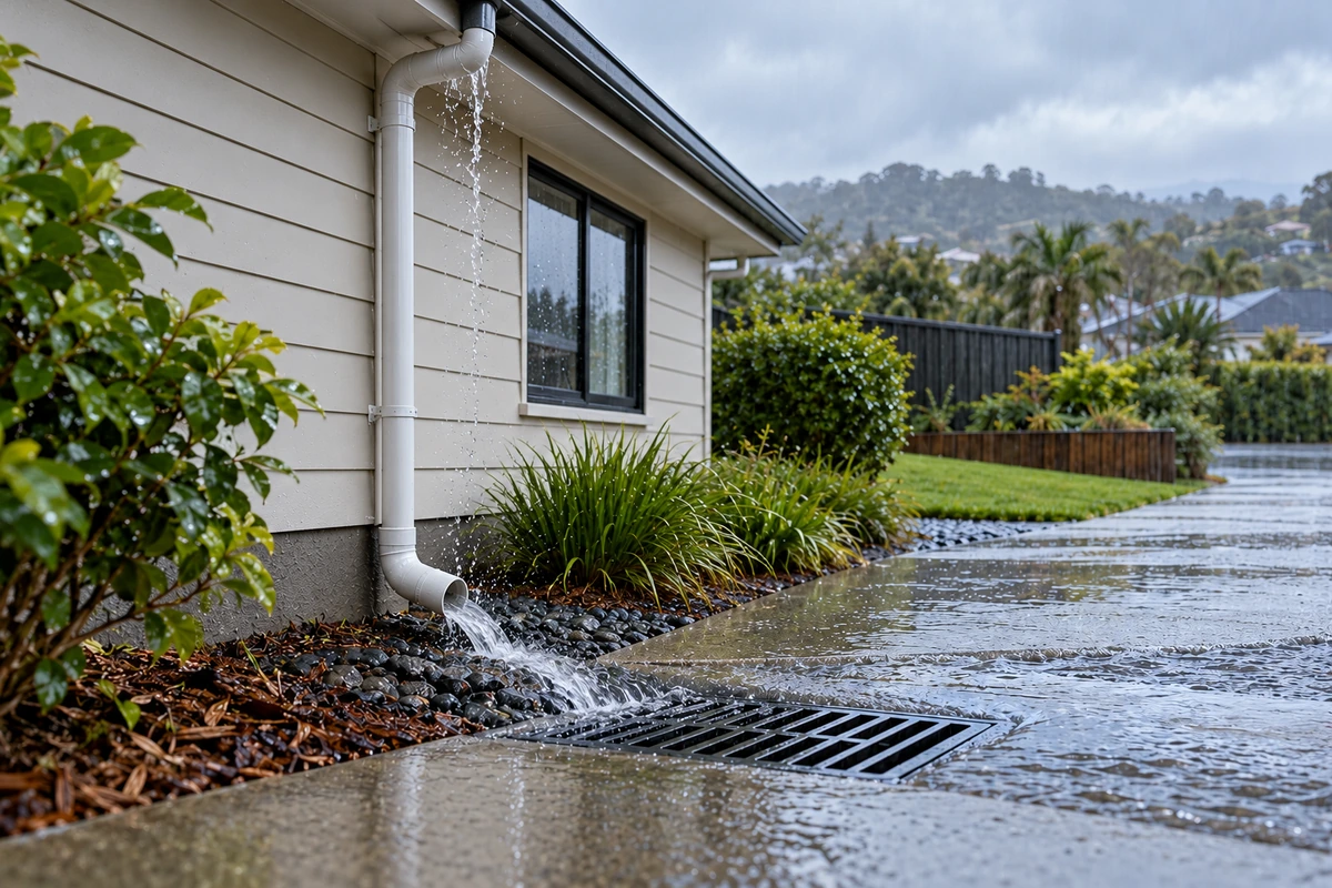 Rainwater overflowing from a gutter and downpipe beside a New Zealand home, flowing across a wet driveway towards a stormwater drainage grate.