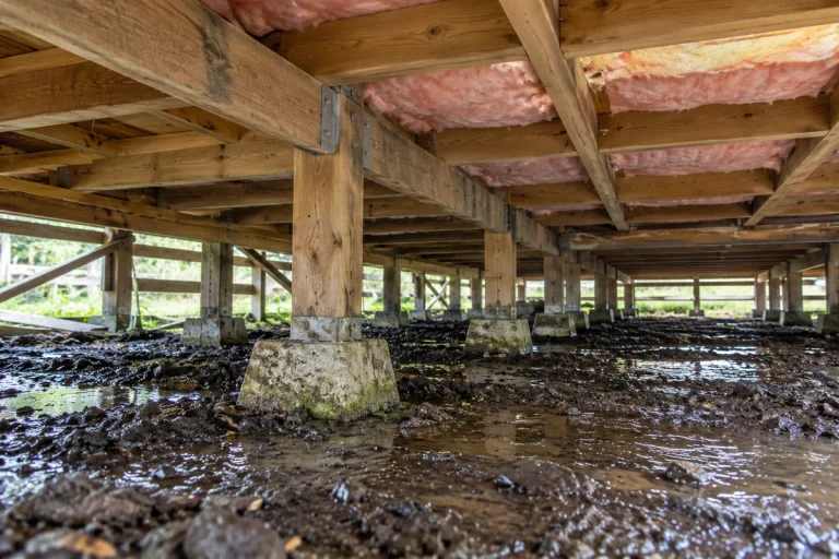 Damp subfloor beneath a New Zealand timber house showing wooden piles, bearers, floor joists, underfloor insulation and wet ground.